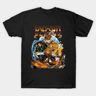 Sun Breathing Swordsman Design, Lightning Speed Warrior in Gradient Haori, Flame Hashira with Fiery Cape, and Boar Masked Dual Blade Fighter – Anime Fan Art Featuring Iconic Trio and Boar-Headed Combatant T-Shirt